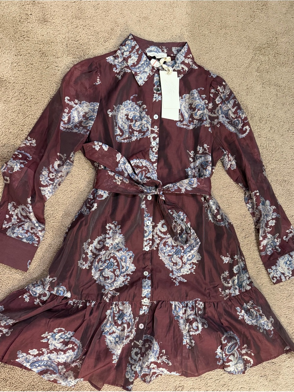Paisley-Print Long Sleeve Tie-Waist Dress in Burgundy